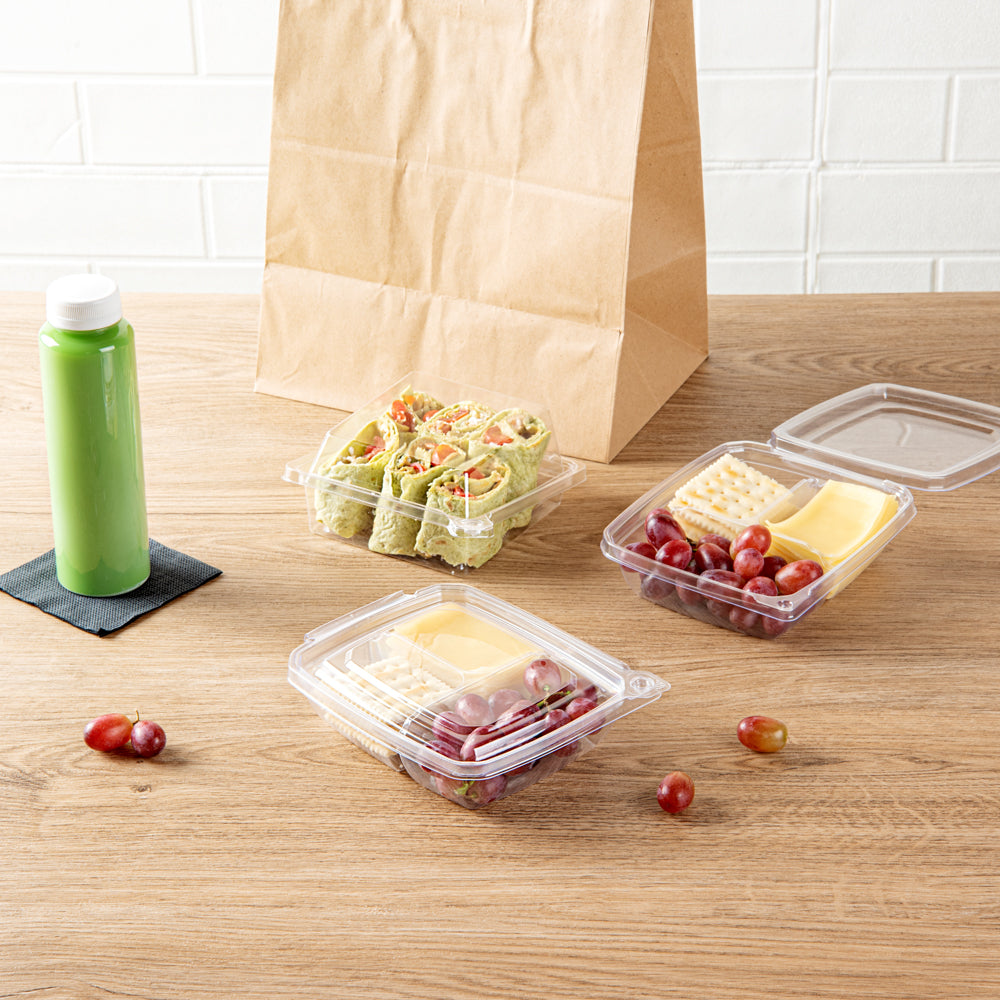 Tamper Tek 11 oz Rectangle Clear Plastic Container - with Lid, Tamper-Evident, 3 Compartments - 7" x 5 1/2" x 1 1/2" - 100 count box