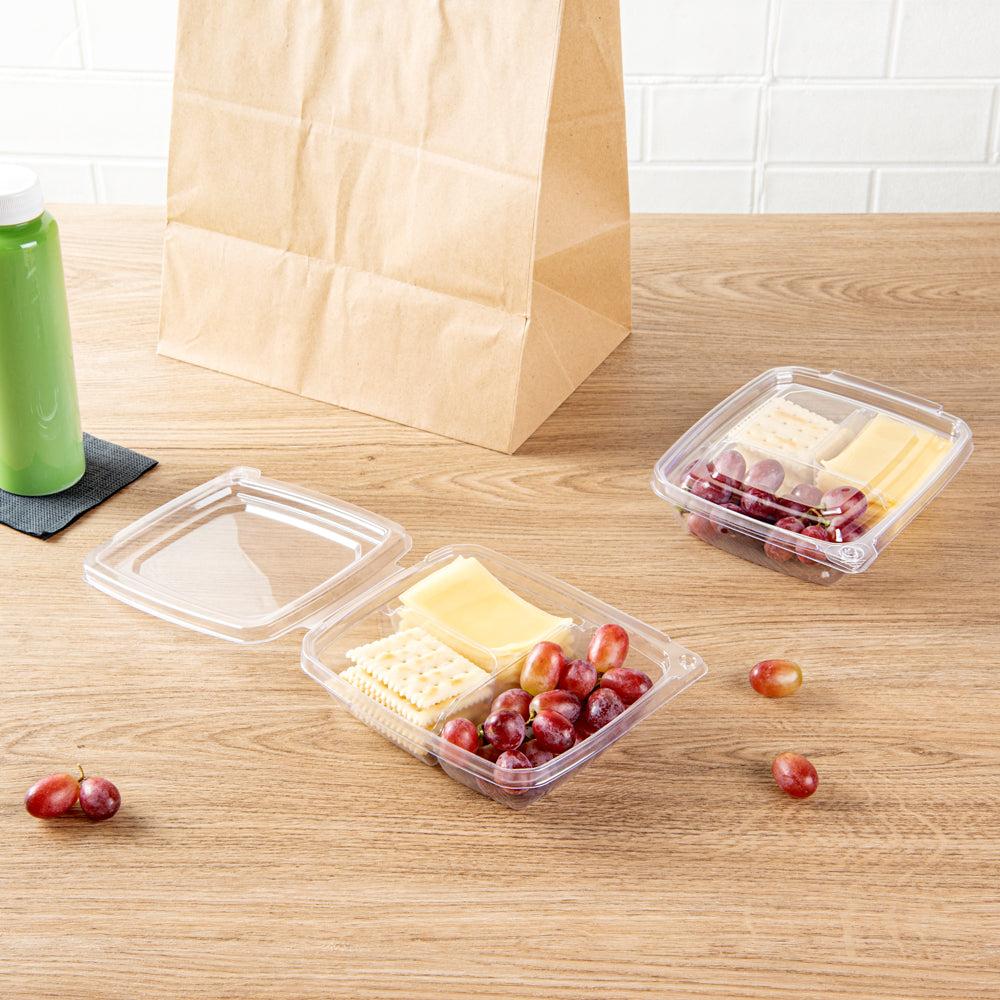 Tamper Tek 11 oz Rectangle Clear Plastic Container - with Lid, Tamper-Evident, 3 Compartments - 7" x 5 1/2" x 1 1/2" - 100 count box