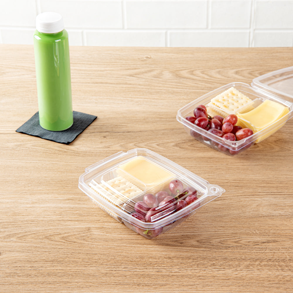 Tamper Tek 11 oz Rectangle Clear Plastic Container - with Lid, Tamper-Evident, 3 Compartments - 7" x 5 1/2" x 1 1/2" - 100 count box