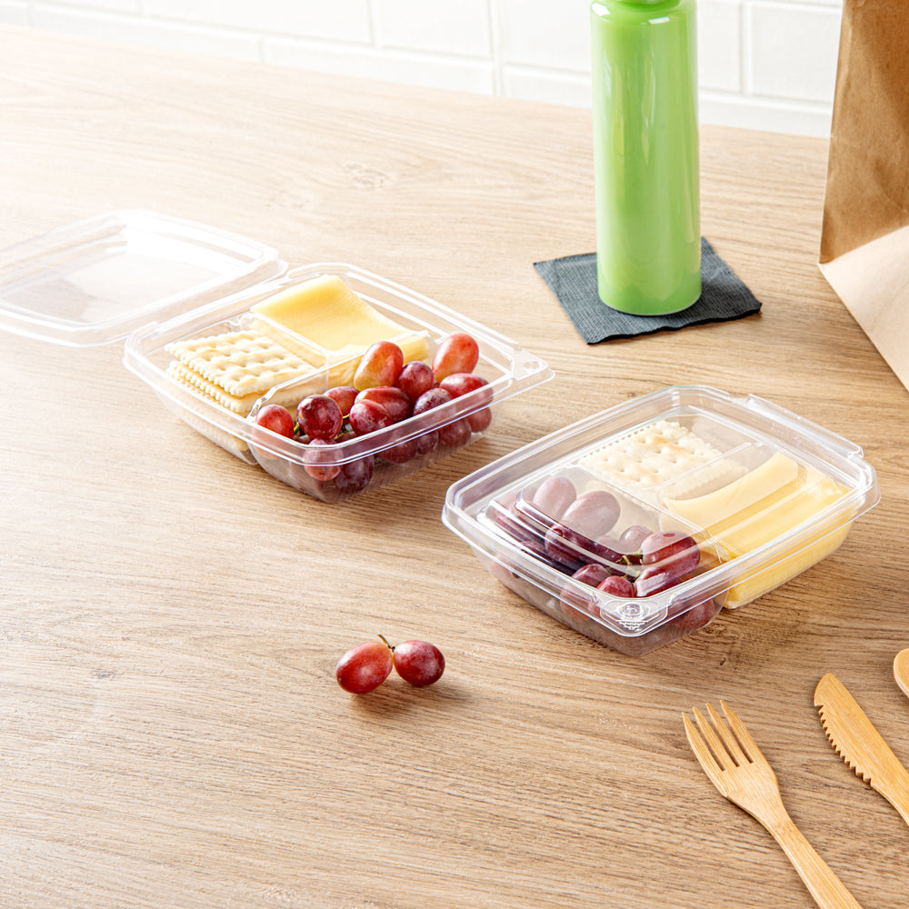 Tamper Tek 11 oz Rectangle Clear Plastic Container - with Lid, Tamper-Evident, 3 Compartments - 7" x 5 1/2" x 1 1/2" - 100 count box