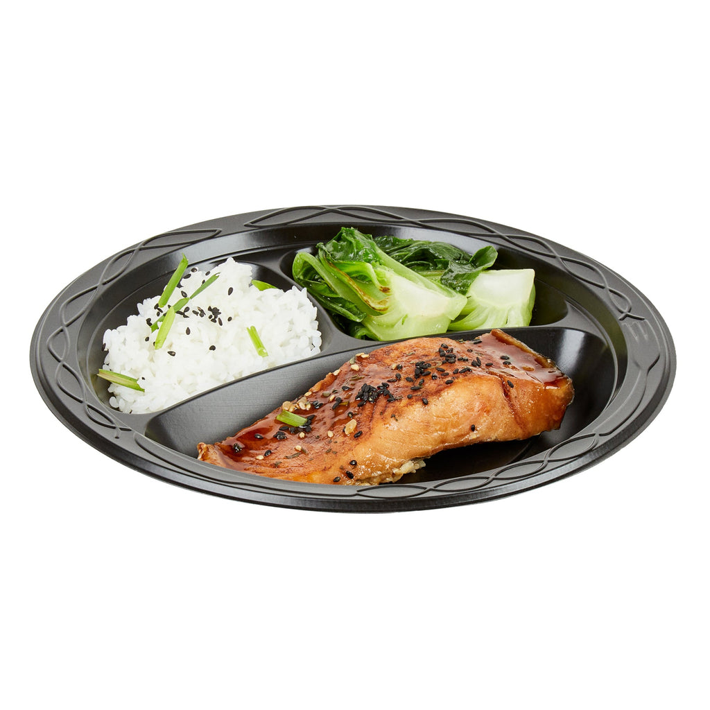 Chef 101 Round Black Plastic Plate - 3 Compartments, Microwavable - 9" x 9" x 3/4" - 100 count box