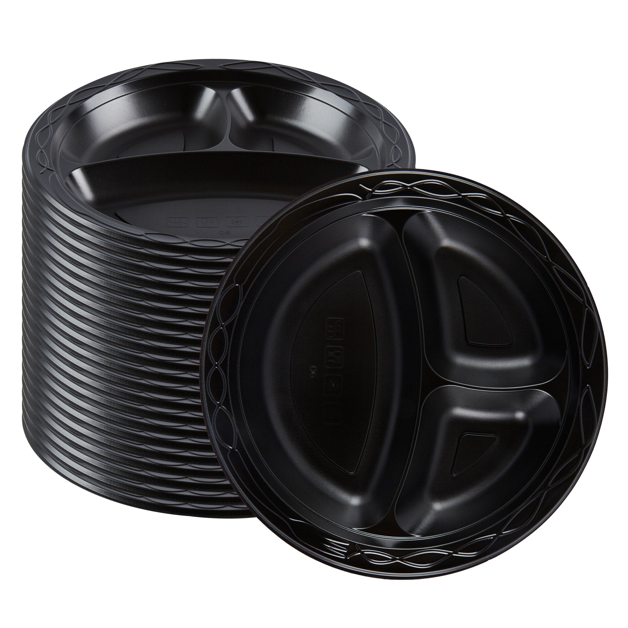 Chef 101 Round Black Plastic Plate - 3 Compartments, Microwavable - 9" x 9" x 3/4" - 50 count box