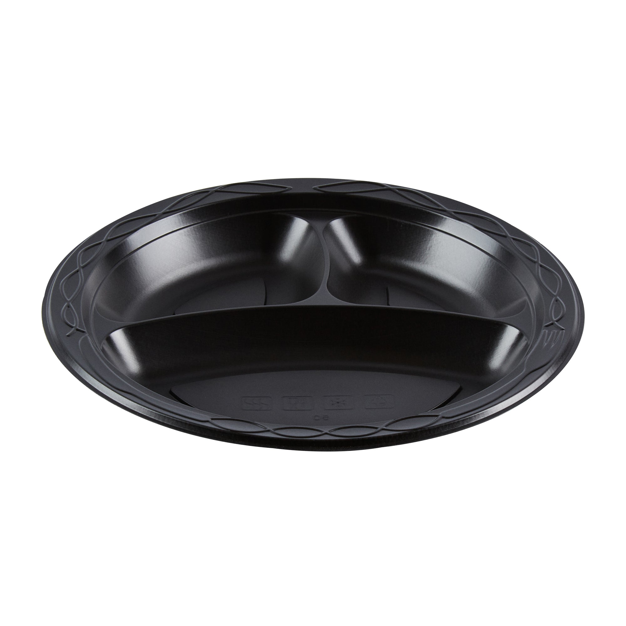 Chef 101 Round Black Plastic Plate - 3 Compartments, Microwavable - 9" x 9" x 3/4" - 50 count box
