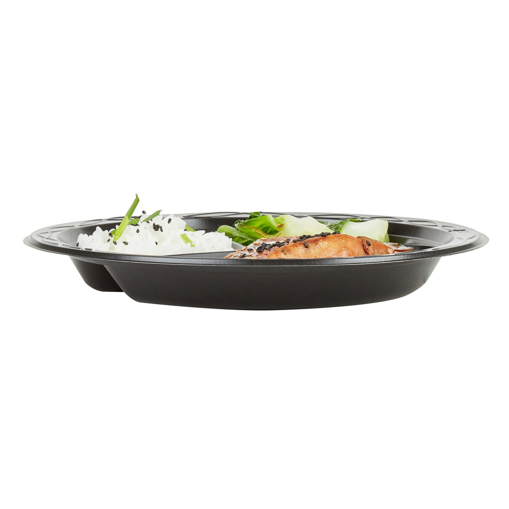 Chef 101 Round Black Plastic Plate - 3 Compartments, Microwavable - 9" x 9" x 3/4" - 100 count box
