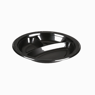 Chef 101 Round Black Plastic Plate - 3 Compartments, Microwavable - 9" x 9" x 3/4" - 100 count box