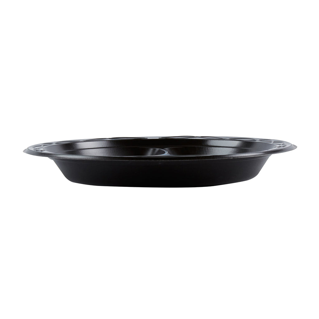 Chef 101 Round Black Plastic Plate - 3 Compartments, Microwavable - 9" x 9" x 3/4" - 100 count box