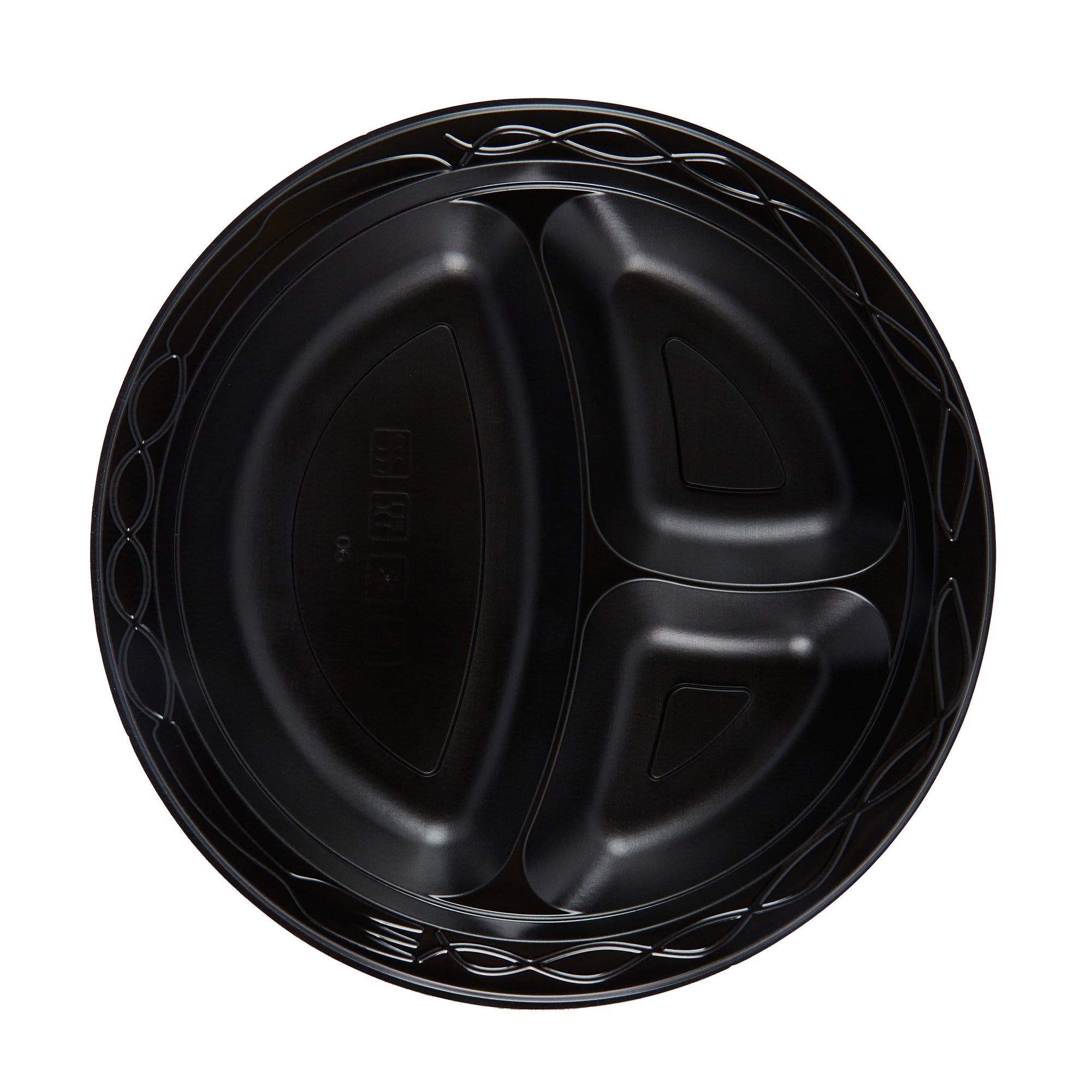 Chef 101 Round Black Plastic Plate - 3 Compartments, Microwavable - 9" x 9" x 3/4" - 100 count box