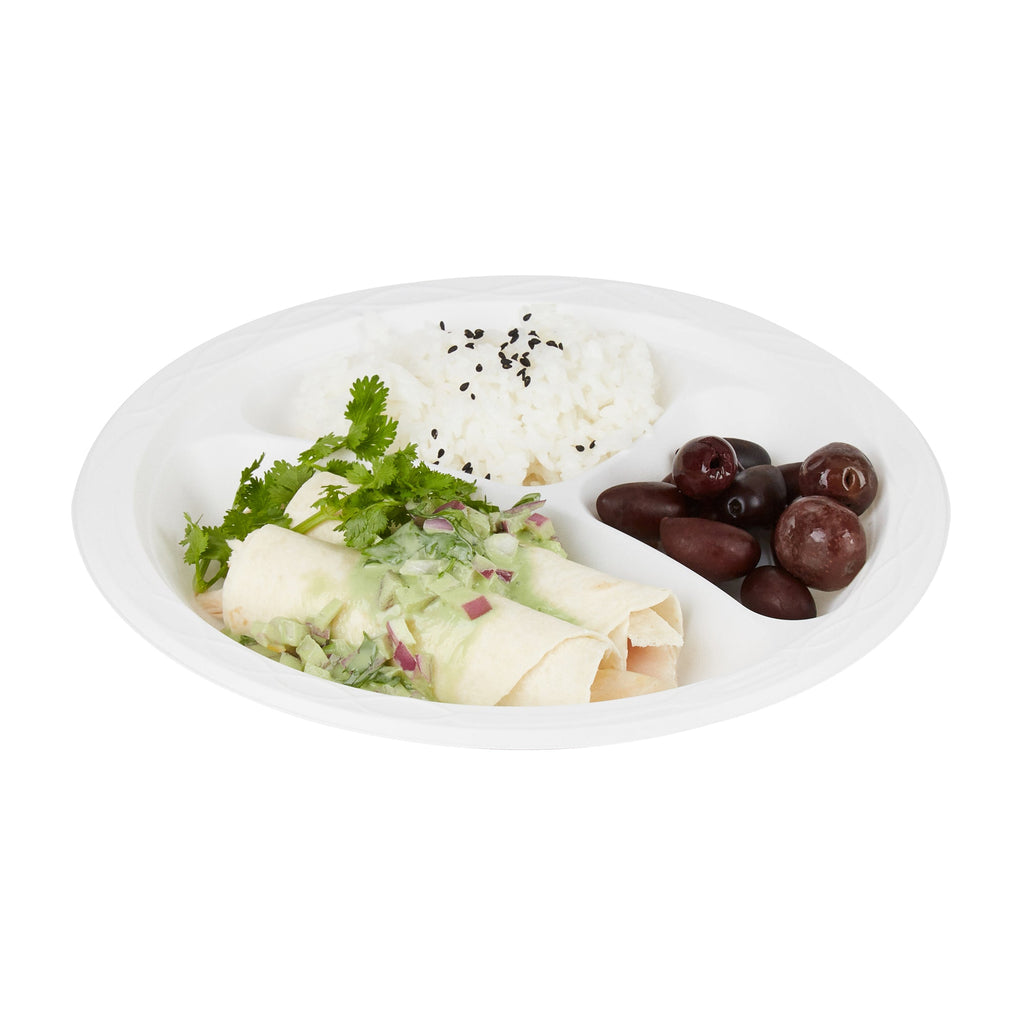 Chef 101 Round White Plastic Plate - 3 Compartments, Microwavable - 9" x 9" x 3/4" - 100 count box