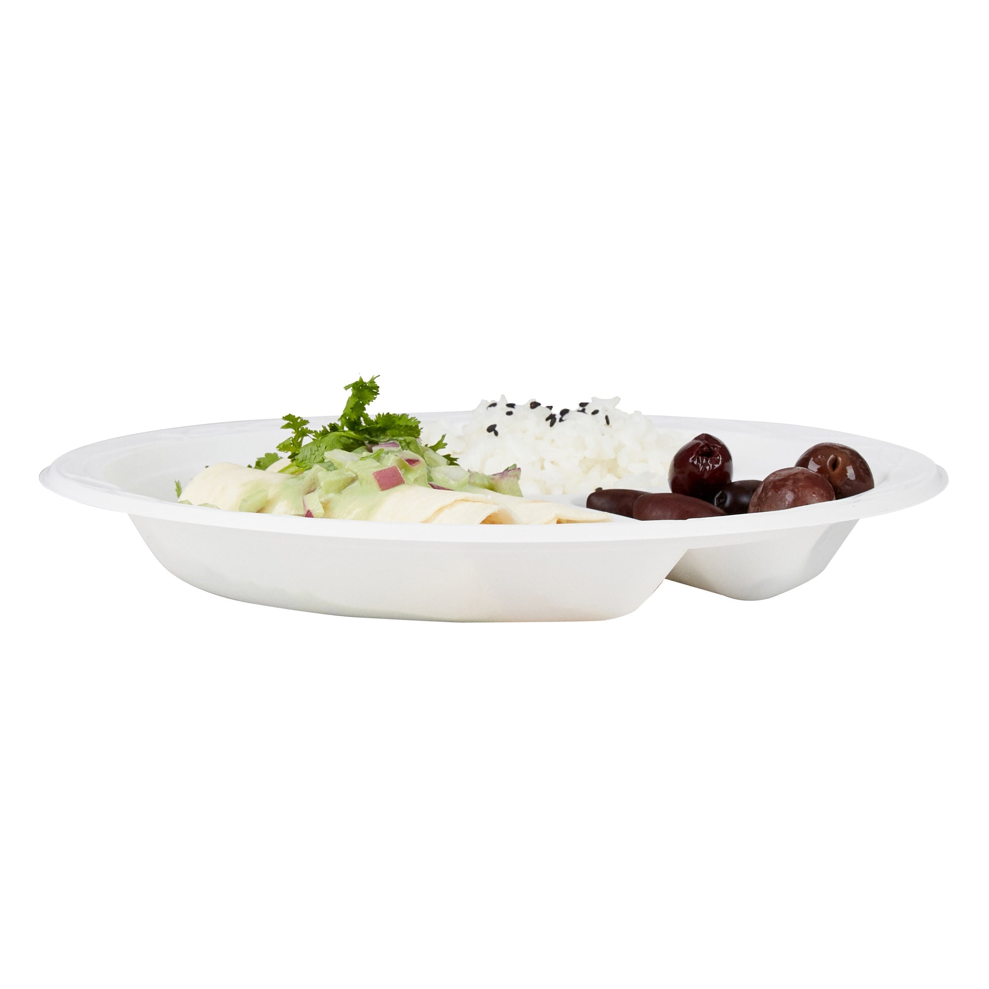 Chef 101 Round White Plastic Plate - 3 Compartments, Microwavable - 9" x 9" x 3/4" - 50 count box