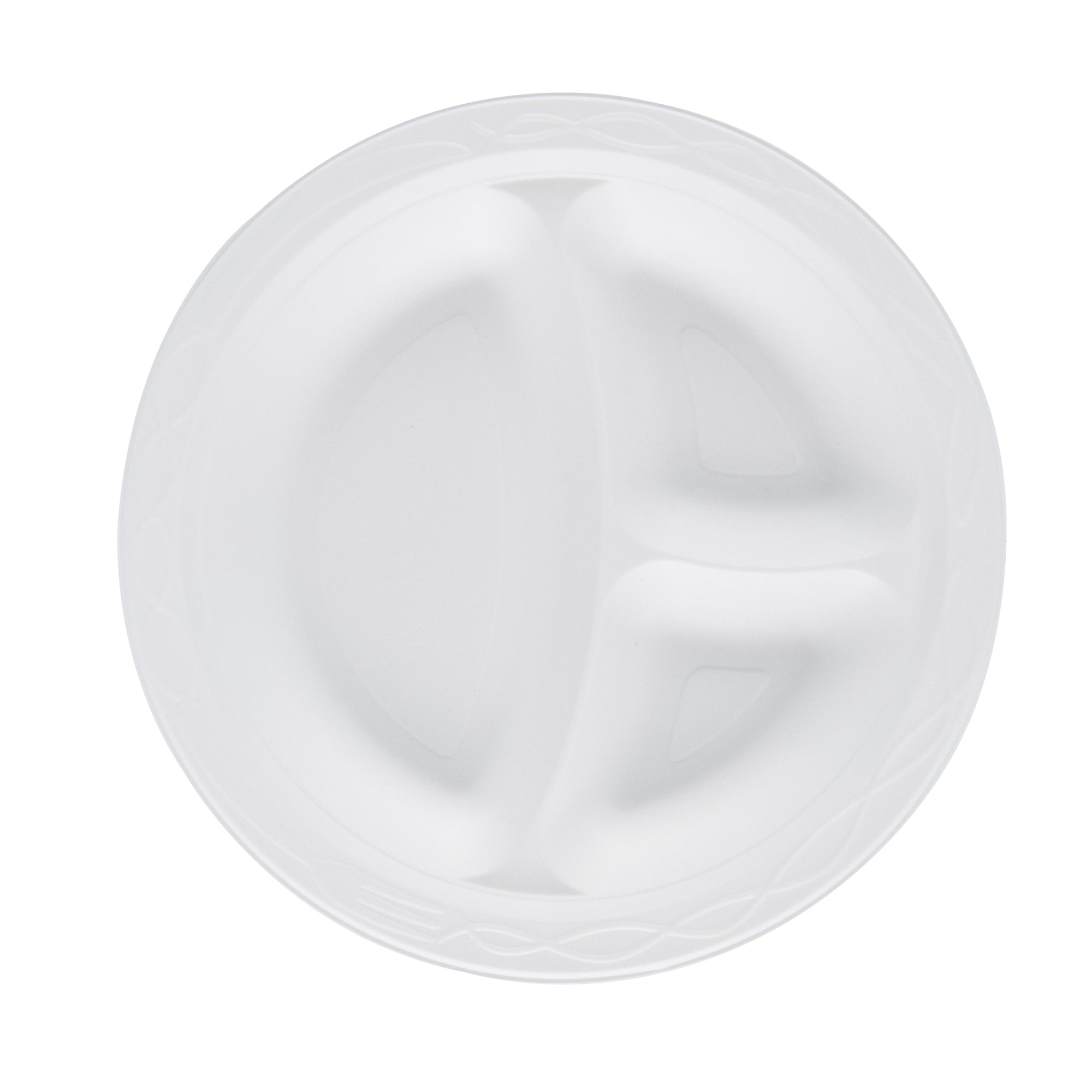 Chef 101 Round White Plastic Plate - 3 Compartments, Microwavable - 9" x 9" x 3/4" - 50 count box