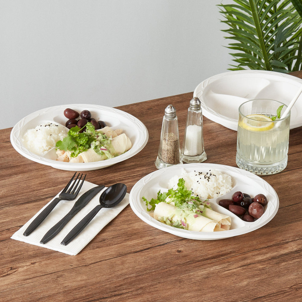 Chef 101 Round White Plastic Plate - 3 Compartments, Microwavable - 9" x 9" x 3/4" - 50 count box