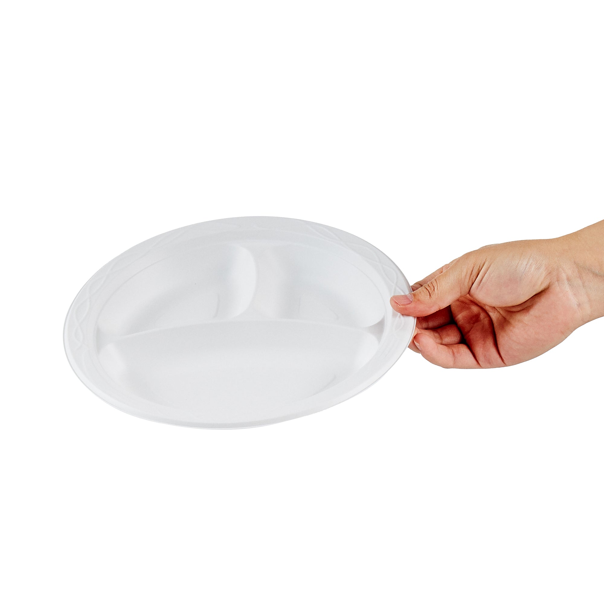 Chef 101 Round White Plastic Plate - 3 Compartments, Microwavable - 9" x 9" x 3/4" - 100 count box