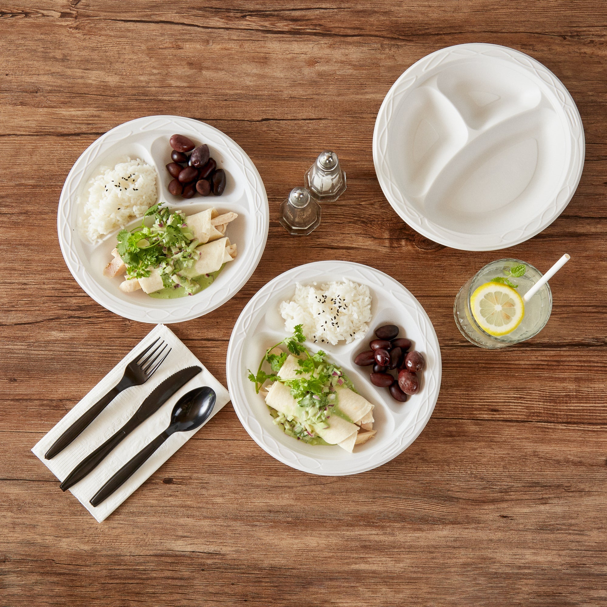 Chef 101 Round White Plastic Plate - 3 Compartments, Microwavable - 9" x 9" x 3/4" - 100 count box