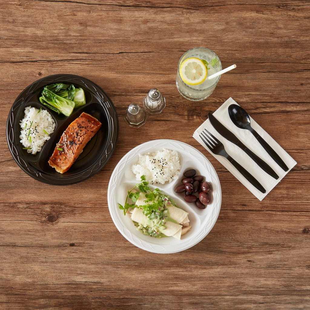 Chef 101 Round White Plastic Plate - 3 Compartments, Microwavable - 9" x 9" x 3/4" - 100 count box