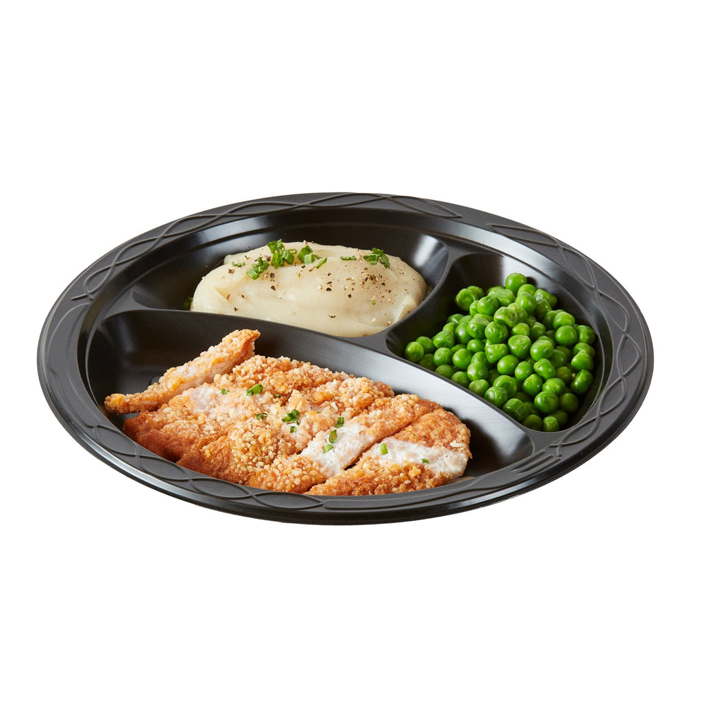Chef 101 Round Black Plastic Plate - 3 Compartments, Microwavable - 10 1/4" x 10 1/4" x 1" - 100 count box