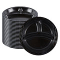 Chef 101 Round Black Plastic Plate - 3 Compartments, Microwavable - 10 1/4" x 10 1/4" x 1" - 100 count box