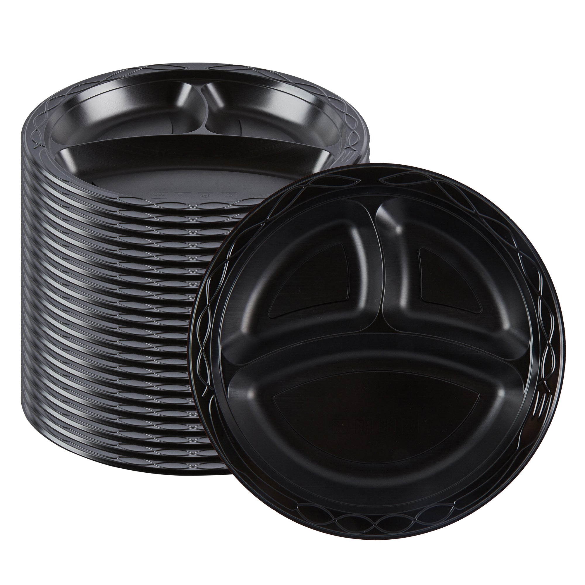 Chef 101 Round Black Plastic Plate - 3 Compartments, Microwavable - 10 1/4" x 10 1/4" x 1" - 50 count box