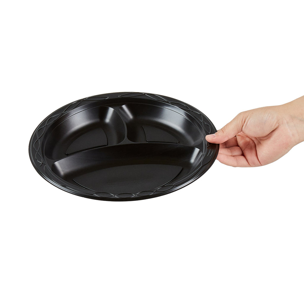 Chef 101 Round Black Plastic Plate - 3 Compartments, Microwavable - 10 1/4" x 10 1/4" x 1" - 50 count box