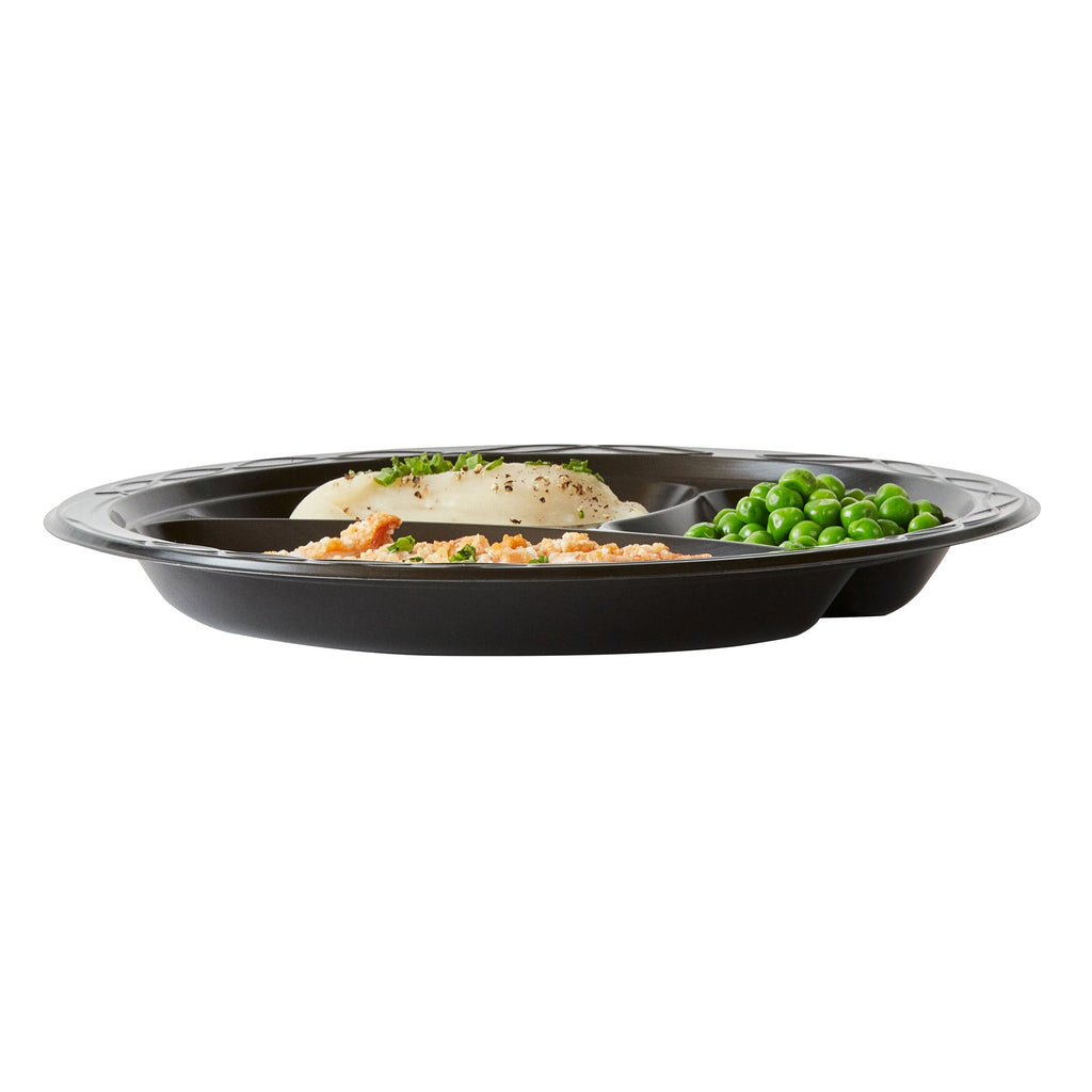 Chef 101 Round Black Plastic Plate - 3 Compartments, Microwavable - 10 1/4" x 10 1/4" x 1" - 50 count box