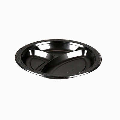 Chef 101 Round Black Plastic Plate - 3 Compartments, Microwavable - 10 1/4" x 10 1/4" x 1" - 50 count box