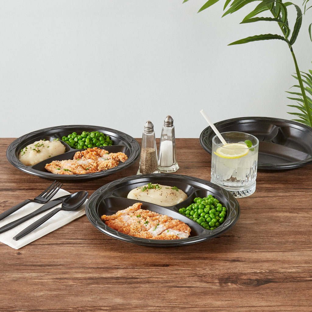 Chef 101 Round Black Plastic Plate - 3 Compartments, Microwavable - 10 1/4" x 10 1/4" x 1" - 50 count box