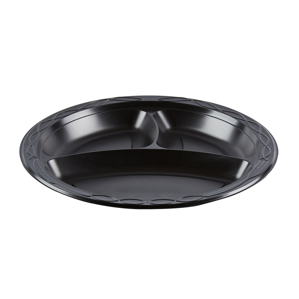 Chef 101 Round Black Plastic Plate - 3 Compartments, Microwavable - 10 1/4" x 10 1/4" x 1" - 100 count box