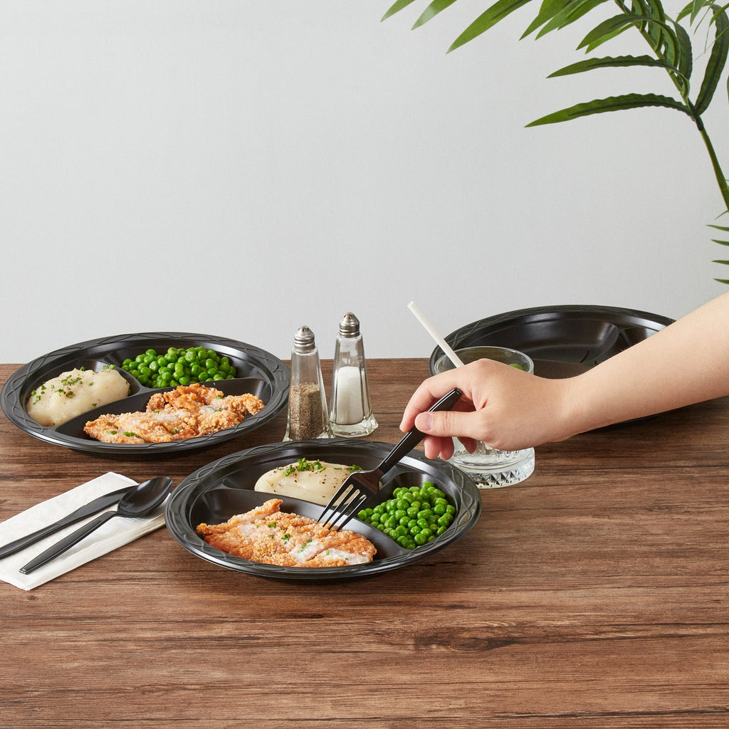 Chef 101 Round Black Plastic Plate - 3 Compartments, Microwavable - 10 1/4" x 10 1/4" x 1" - 100 count box