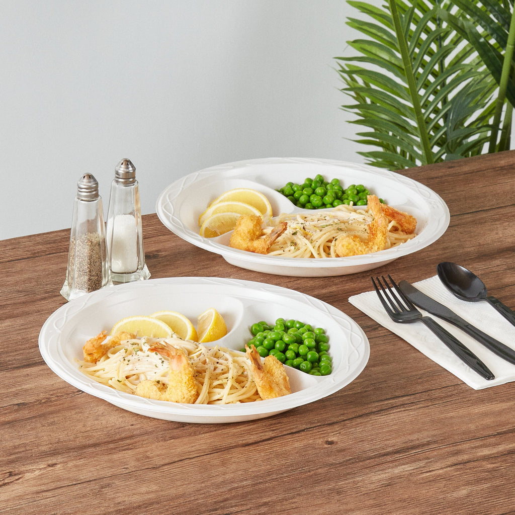 Chef 101 Round White Plastic Plate - 3 Compartments, Microwavable - 10 1/4" x 10 1/4" x 1" - 100 count box