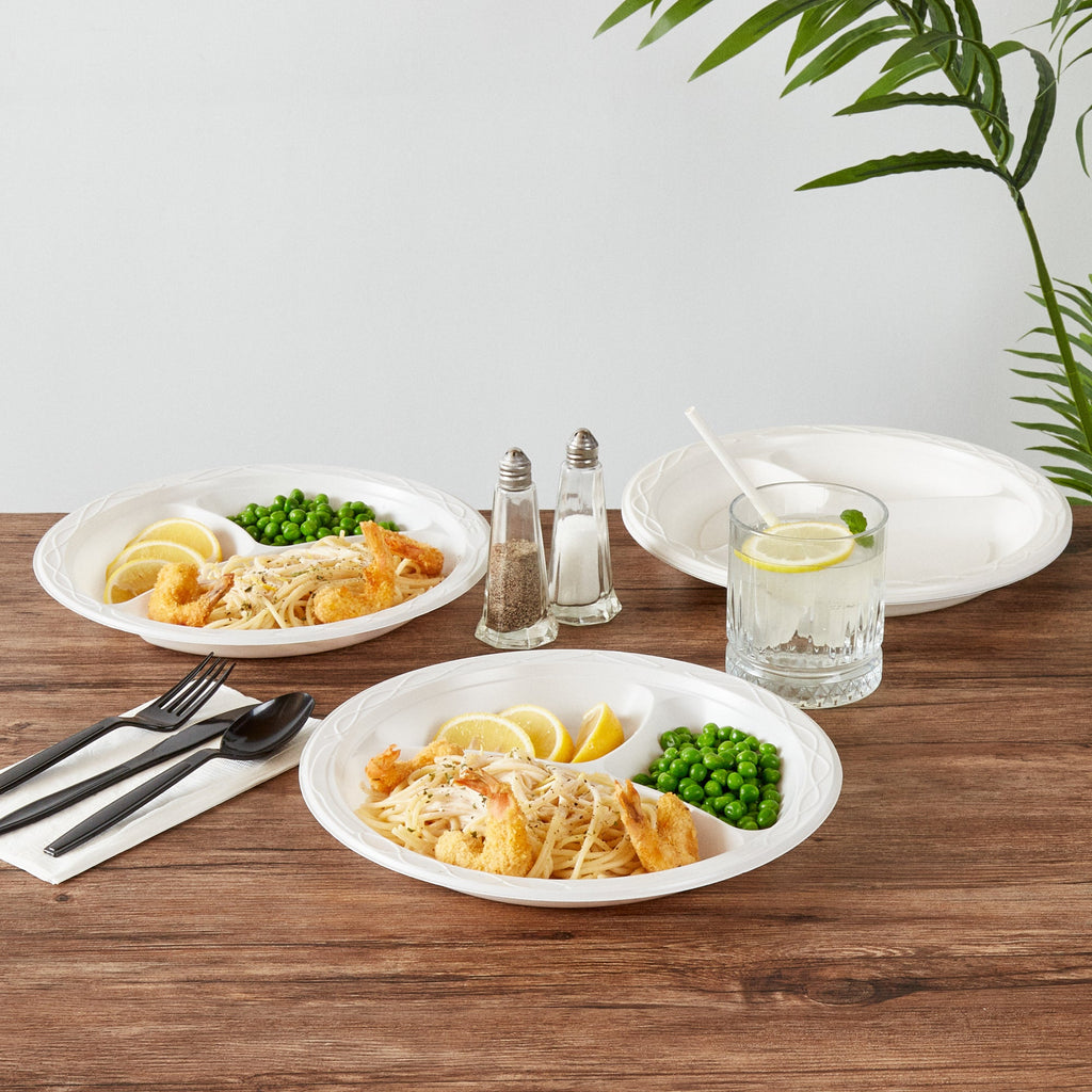 Chef 101 Round White Plastic Plate - 3 Compartments, Microwavable - 10 1/4" x 10 1/4" x 1" - 50 count box