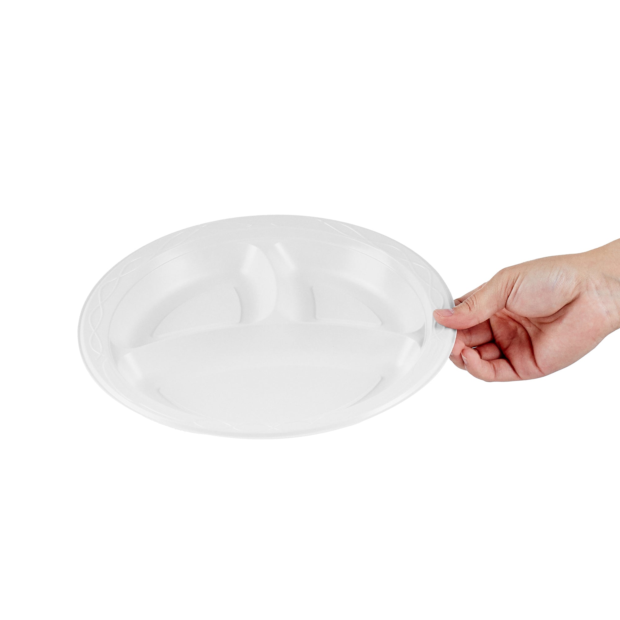 Chef 101 Round White Plastic Plate - 3 Compartments, Microwavable - 10 1/4" x 10 1/4" x 1" - 100 count box
