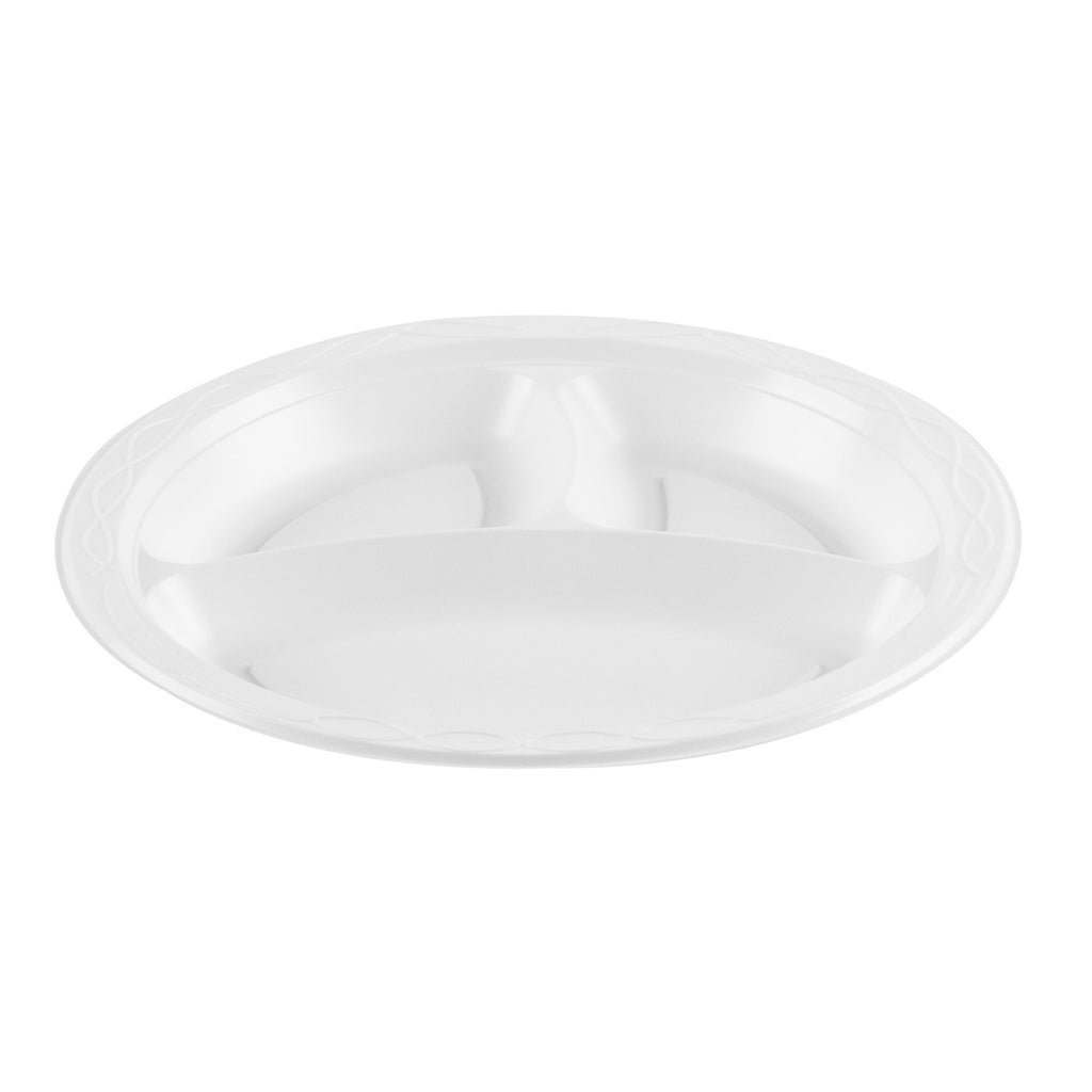 Chef 101 Round White Plastic Plate - 3 Compartments, Microwavable - 10 1/4" x 10 1/4" x 1" - 100 count box