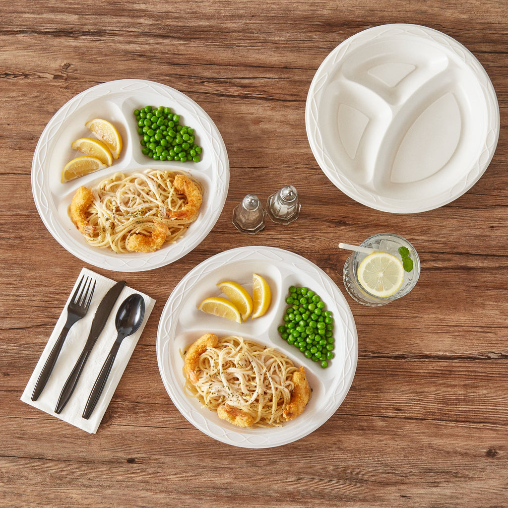 Chef 101 Round White Plastic Plate - 3 Compartments, Microwavable - 10 1/4" x 10 1/4" x 1" - 100 count box