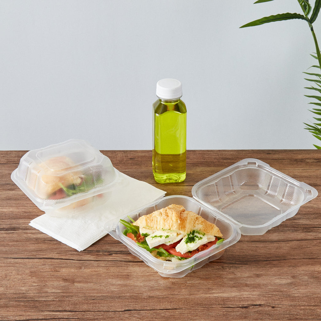 Chef 101 17 oz Square Clear Plastic Clamshell Container - Microwavable - 6" x 6" x 3" - 100 count box