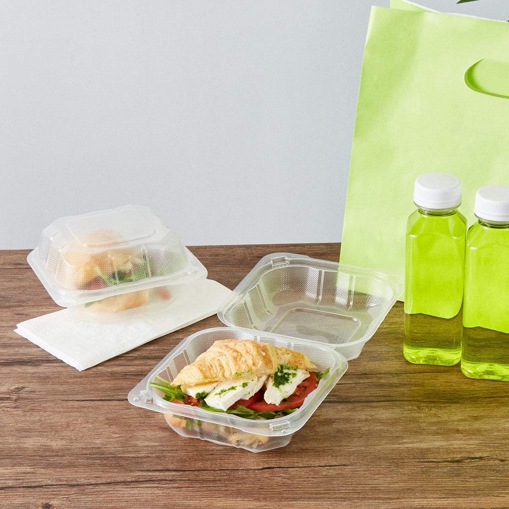 Chef 101 17 oz Square Clear Plastic Clamshell Container - Microwavable - 6" x 6" x 3" - 100 count box