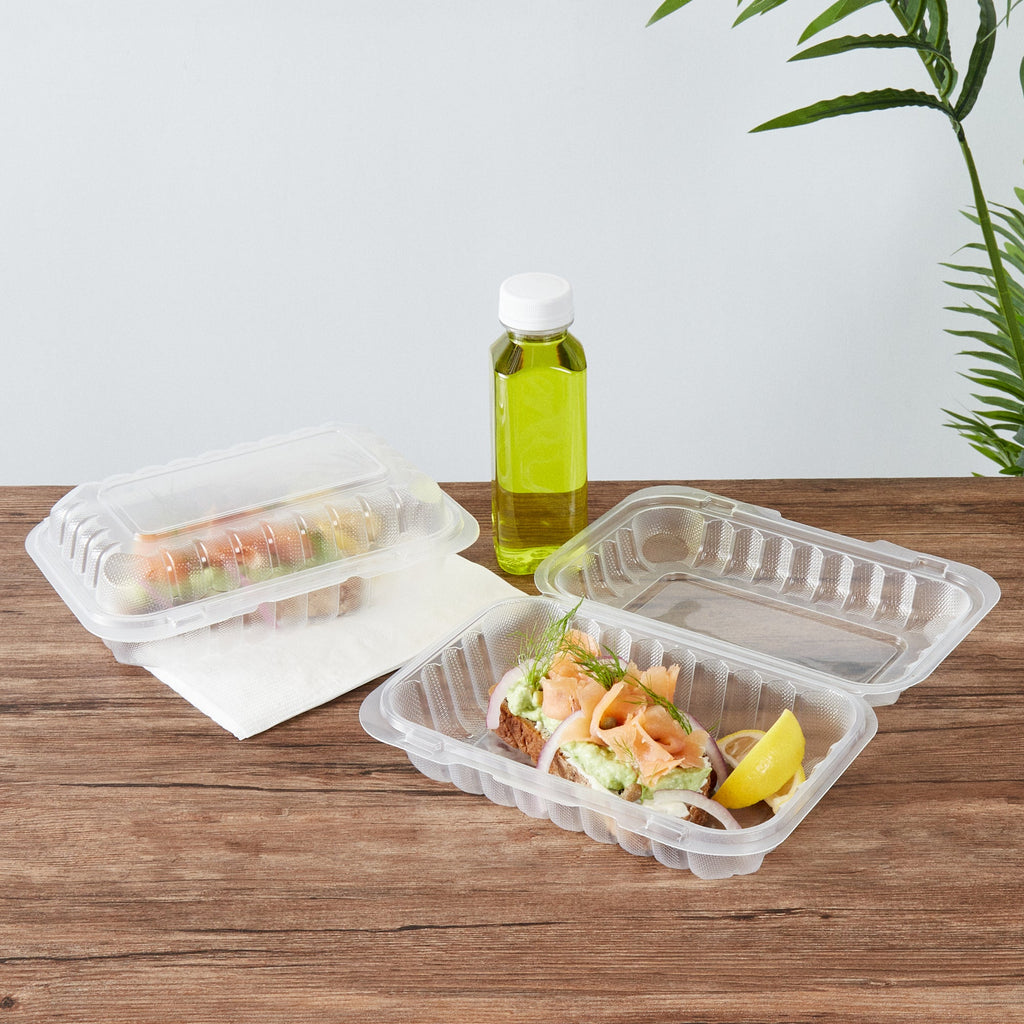 Chef 101 29 oz Rectangle Clear Plastic Clamshell Container - Microwavable - 9" x 6" x 2 3/4" - 50 count box