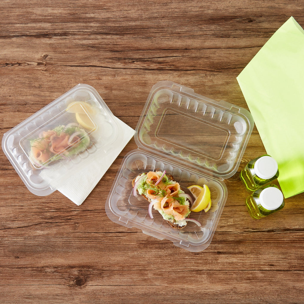 Chef 101 29 oz Rectangle Clear Plastic Clamshell Container - Microwavable - 9" x 6" x 2 3/4" - 50 count box