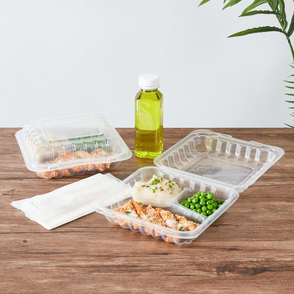 Chef 101 34 oz Square Clear Plastic Clamshell Container - 3 Compartments, Microwavable - 8" x 8" x 3" - 100 count box