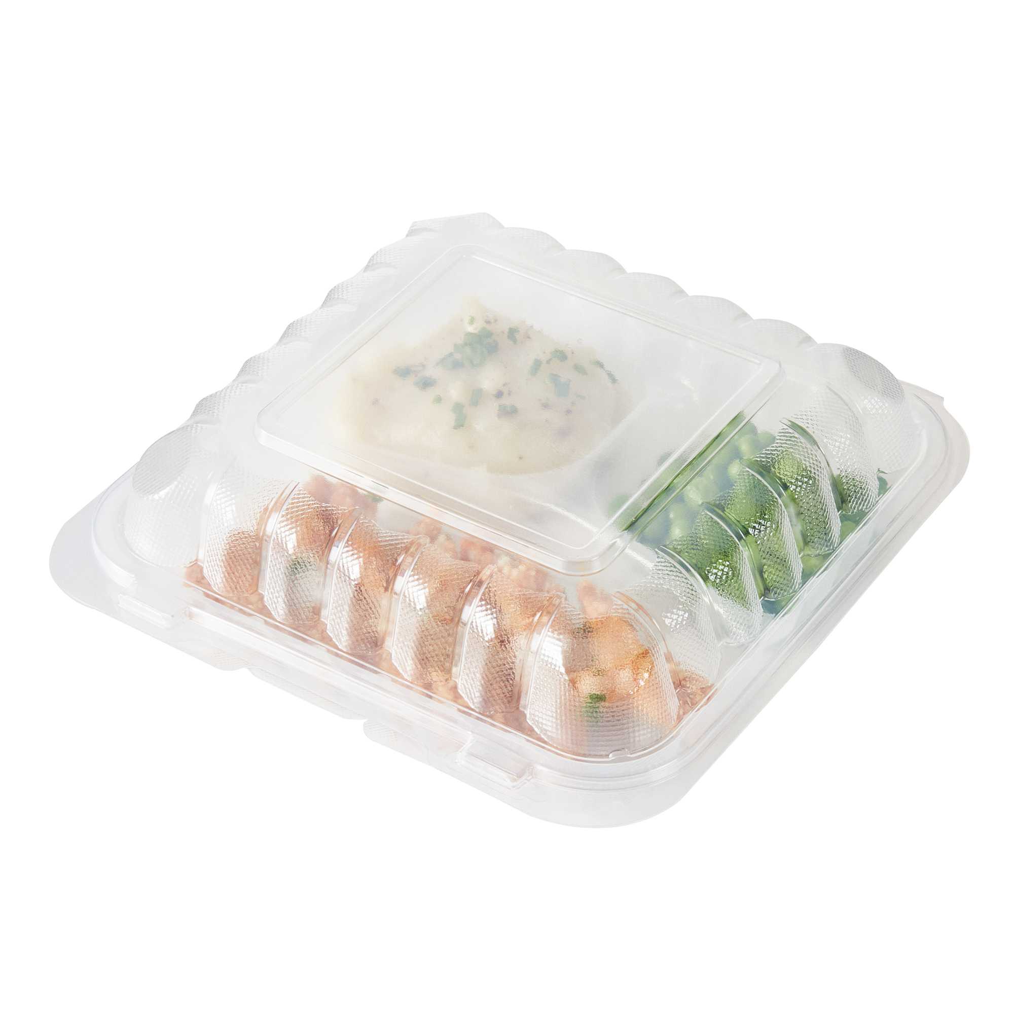 Chef 101 34 oz Square Clear Plastic Clamshell Container - 3 Compartments, Microwavable - 8" x 8" x 3" - 50 count box