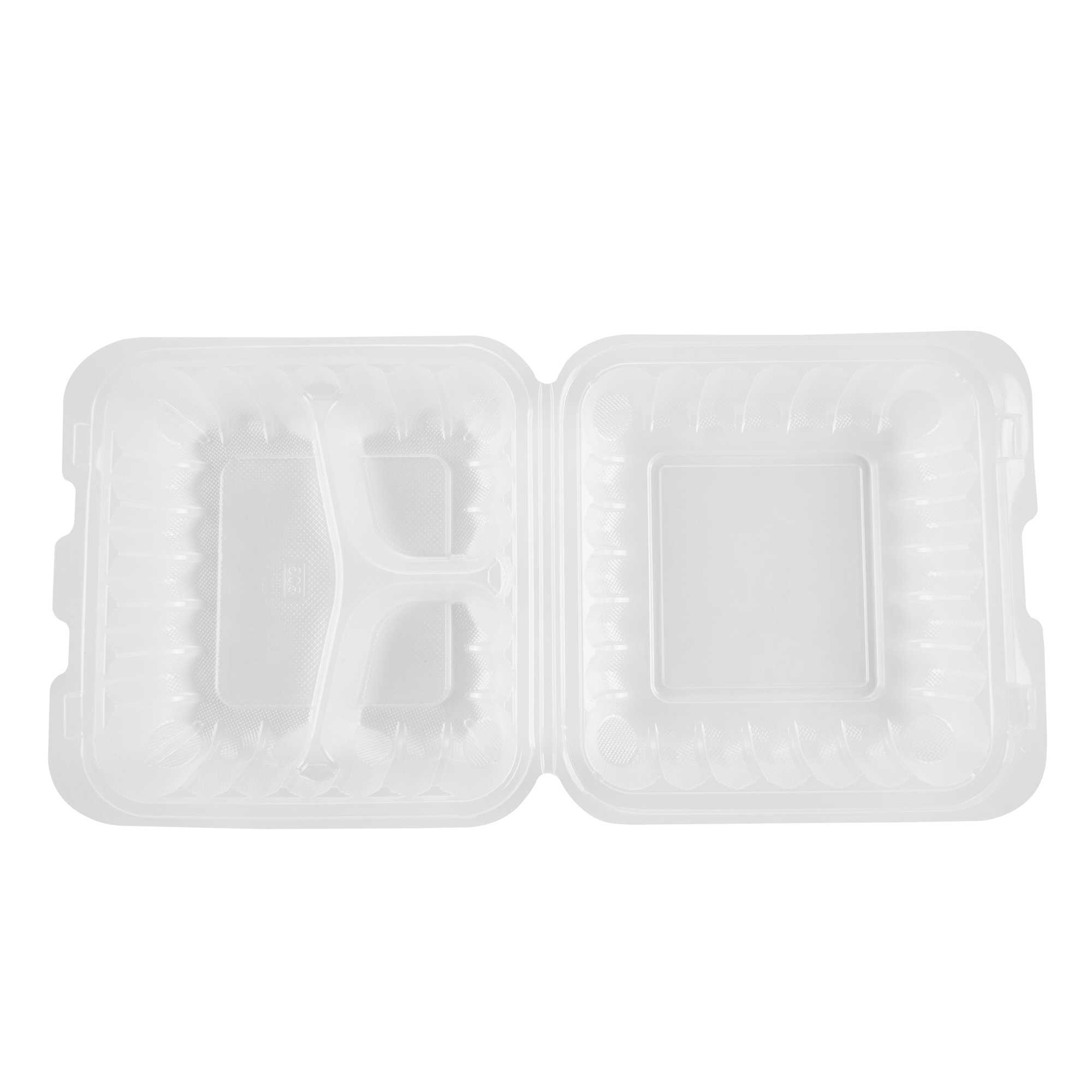 Chef 101 34 oz Square Clear Plastic Clamshell Container - 3 Compartments, Microwavable - 8" x 8" x 3" - 50 count box