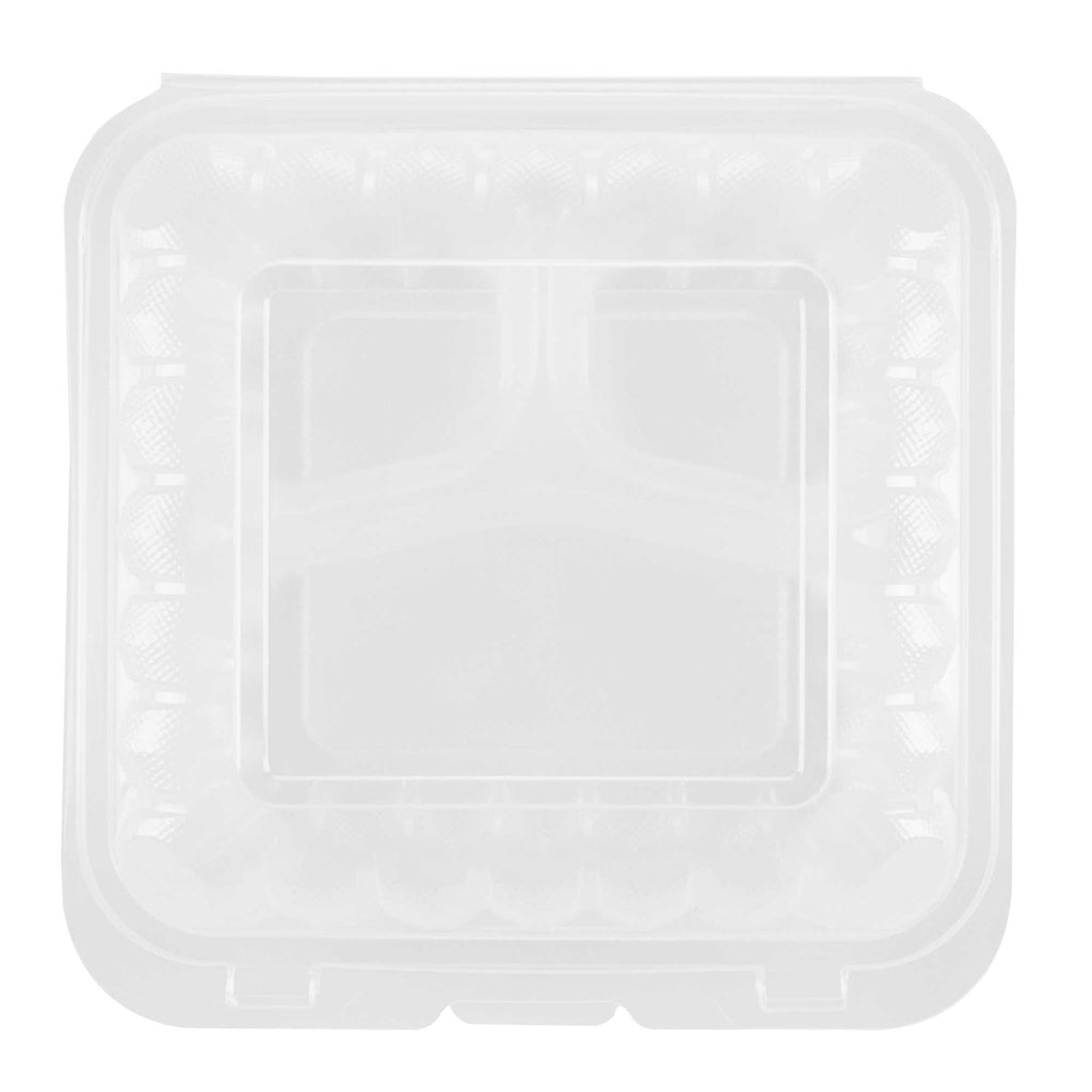 Chef 101 34 oz Square Clear Plastic Clamshell Container - 3 Compartments, Microwavable - 8" x 8" x 3" - 50 count box