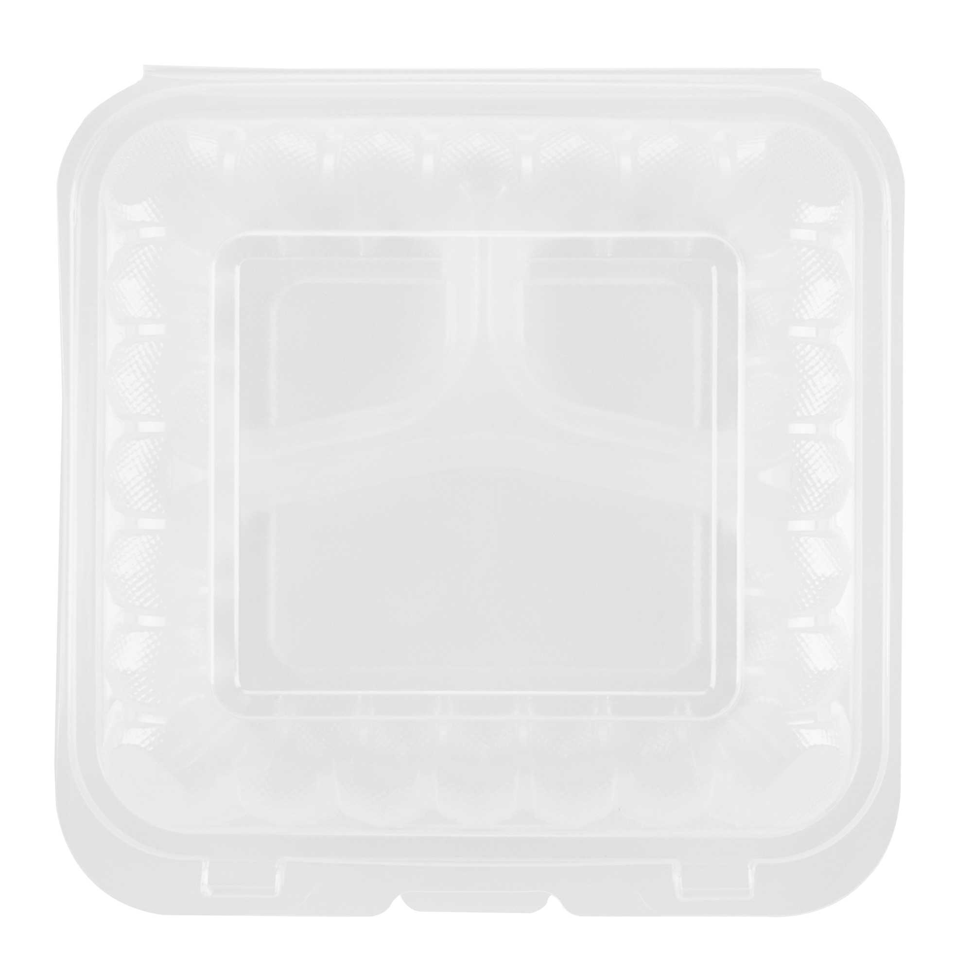 Chef 101 34 oz Square Clear Plastic Clamshell Container - 3 Compartments, Microwavable - 8" x 8" x 3" - 50 count box