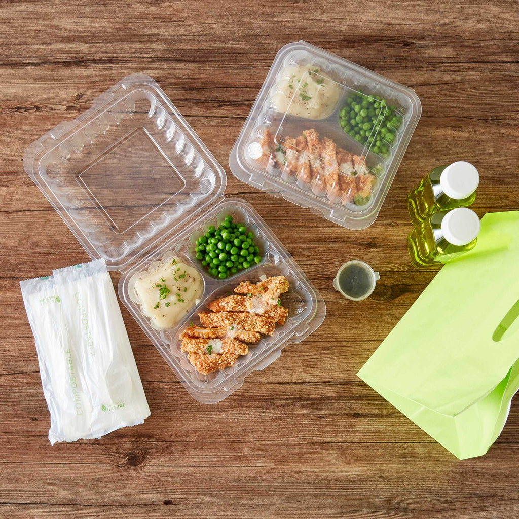 Chef 101 34 oz Square Clear Plastic Clamshell Container - 3 Compartments, Microwavable - 8" x 8" x 3" - 50 count box