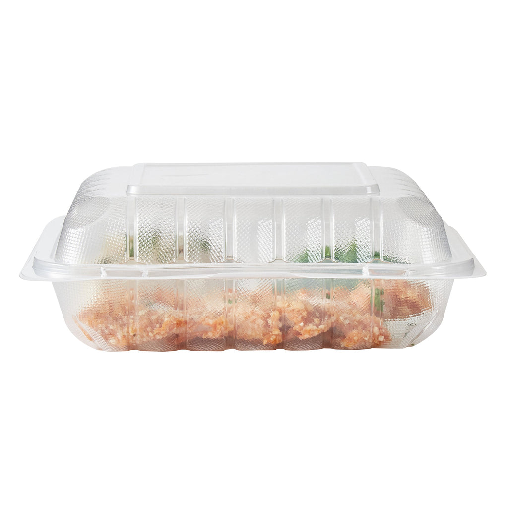Chef 101 34 oz Square Clear Plastic Clamshell Container - 3 Compartments, Microwavable - 8" x 8" x 3" - 100 count box
