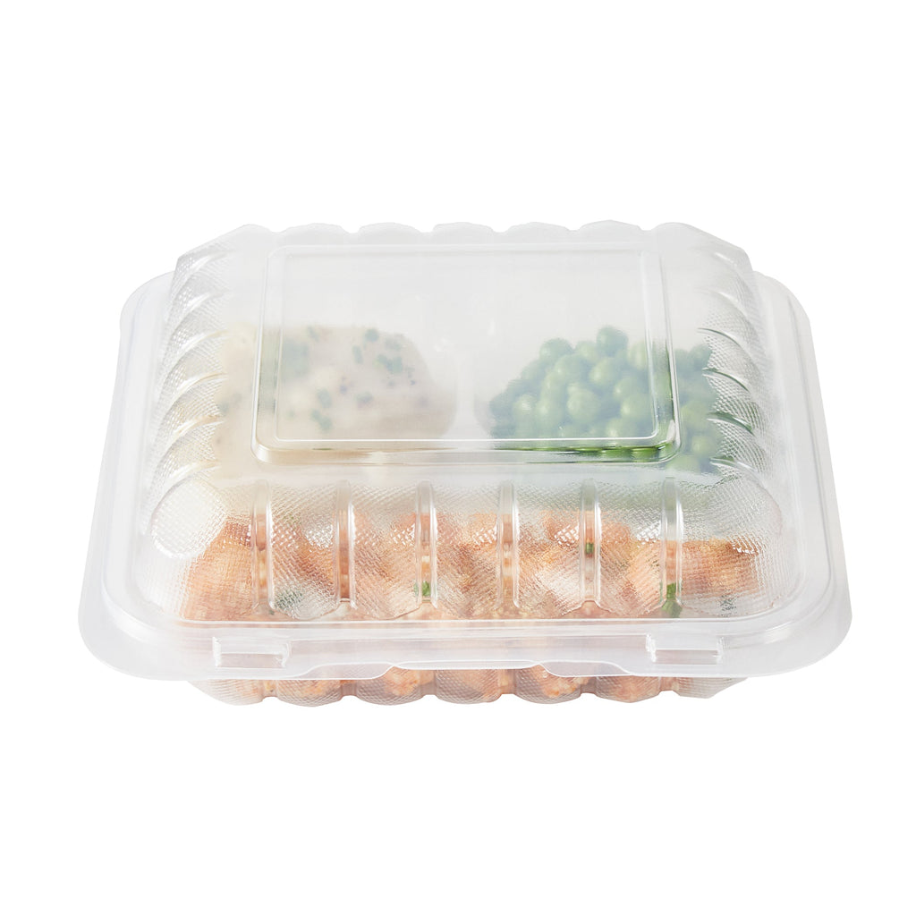 Chef 101 34 oz Square Clear Plastic Clamshell Container - 3 Compartments, Microwavable - 8" x 8" x 3" - 100 count box