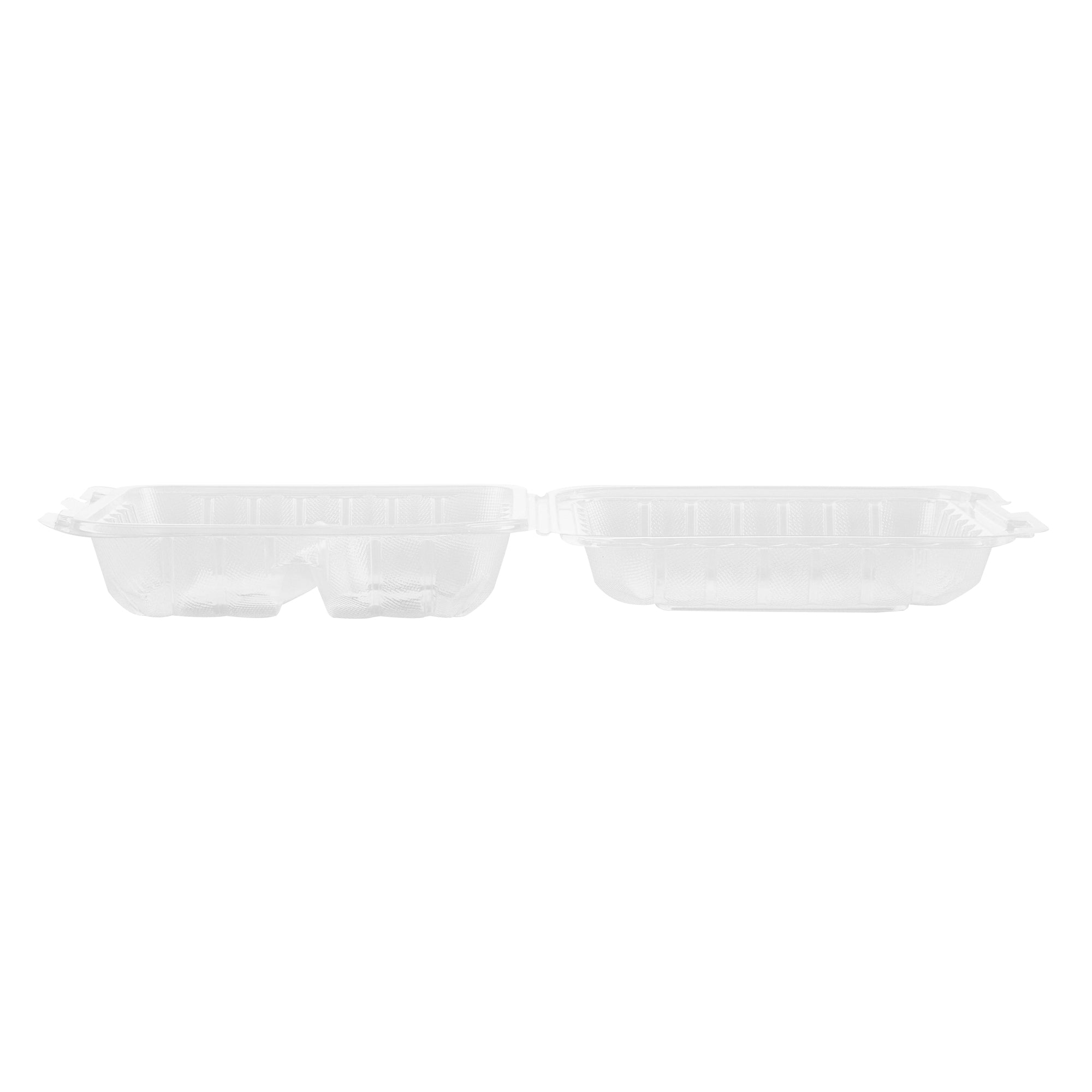 Chef 101 34 oz Square Clear Plastic Clamshell Container - 3 Compartments, Microwavable - 8" x 8" x 3" - 100 count box