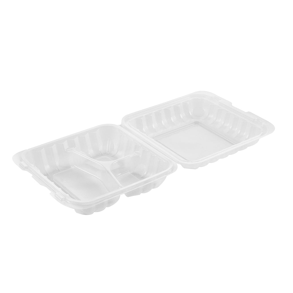 Chef 101 34 oz Square Clear Plastic Clamshell Container - 3 Compartments, Microwavable - 8" x 8" x 3" - 100 count box