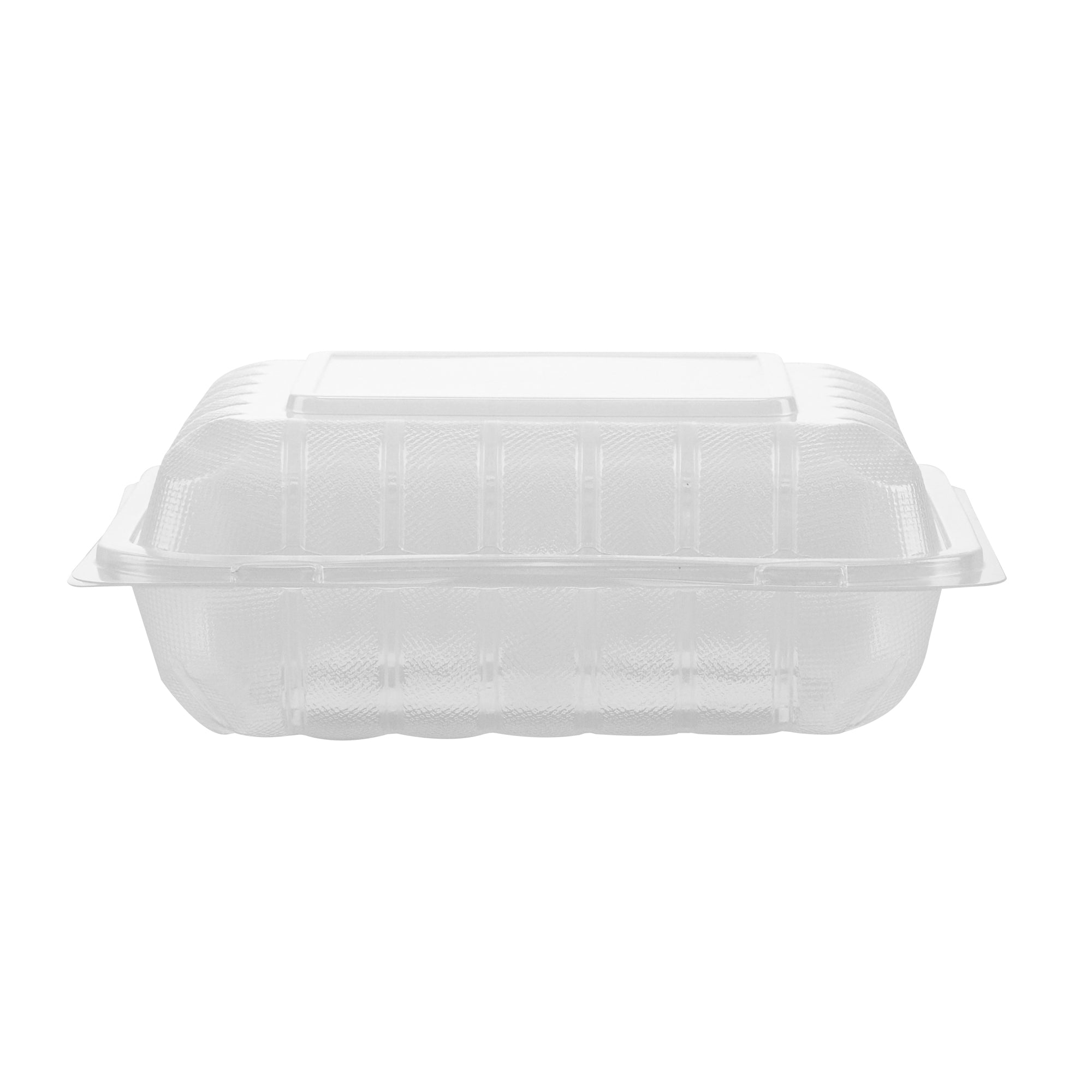 Chef 101 34 oz Square Clear Plastic Clamshell Container - 3 Compartments, Microwavable - 8" x 8" x 3" - 100 count box
