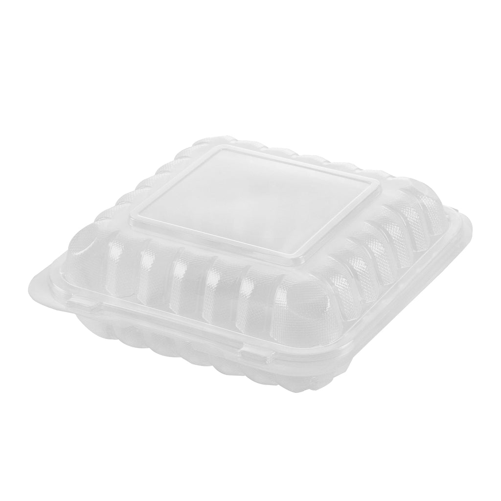 Chef 101 34 oz Square Clear Plastic Clamshell Container - 3 Compartments, Microwavable - 8" x 8" x 3" - 100 count box