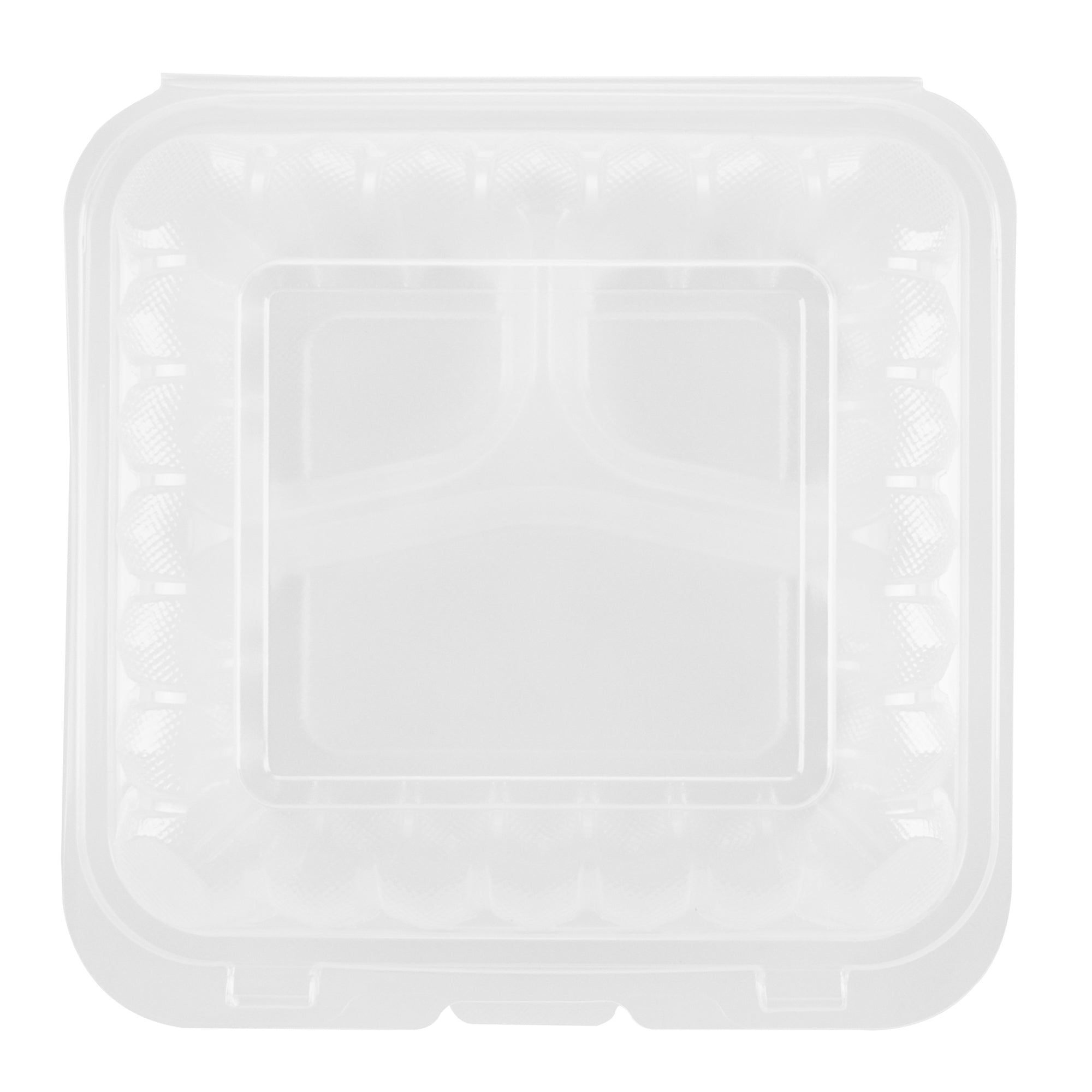 Chef 101 34 oz Square Clear Plastic Clamshell Container - 3 Compartments, Microwavable - 8" x 8" x 3" - 100 count box