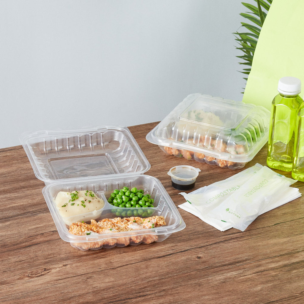 Chef 101 34 oz Square Clear Plastic Clamshell Container - 3 Compartments, Microwavable - 8" x 8" x 3" - 100 count box